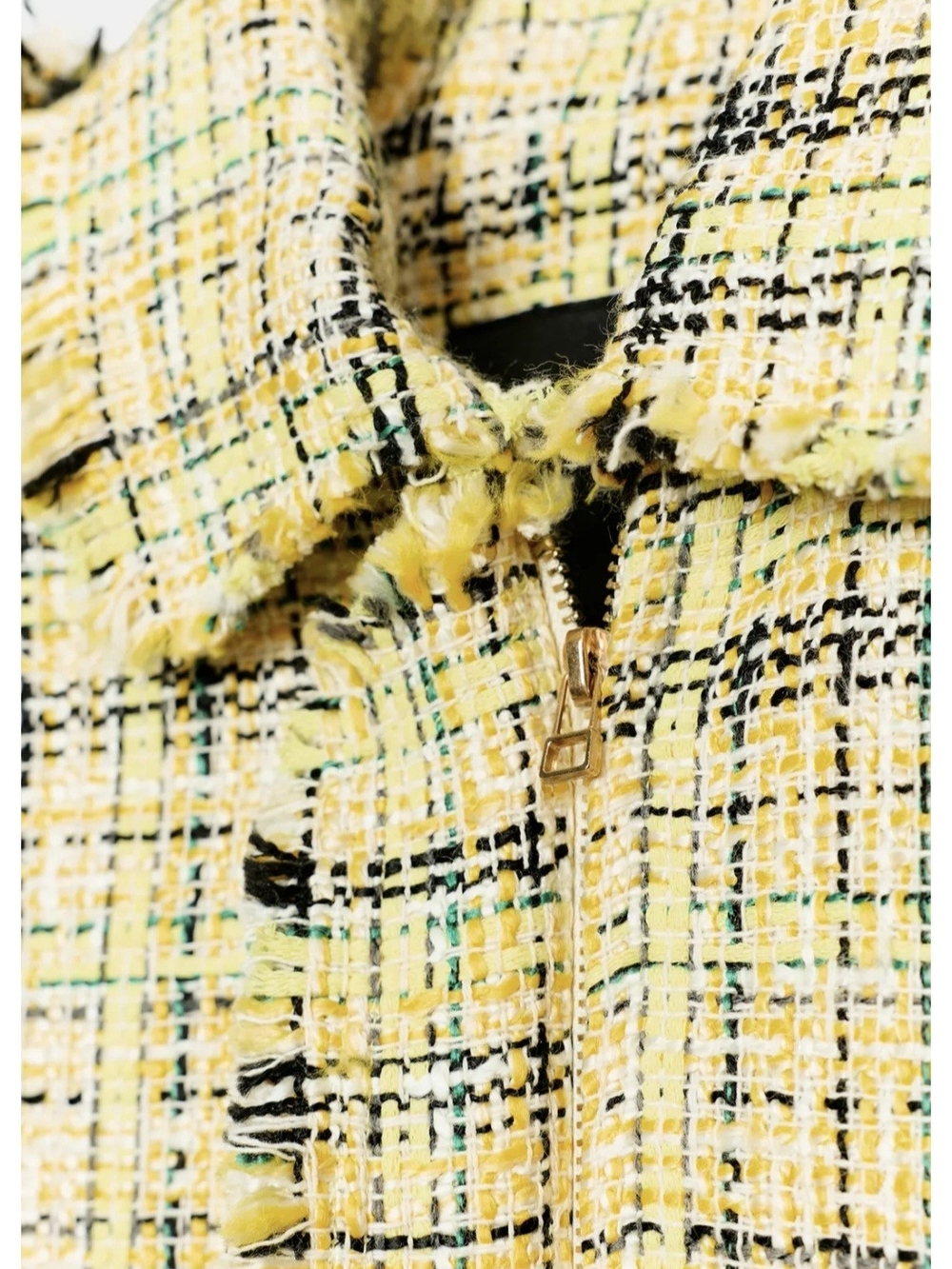 Zara Yellow Plaid Tweed Blazer with Gold Zip Detail